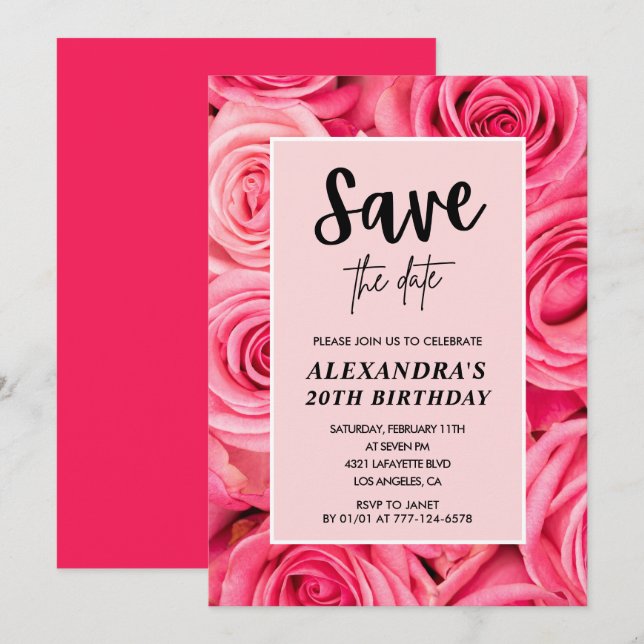 Invitation Élégant 20e anniversaire Floral Rose Enregistrer l (Devant / Derrière)