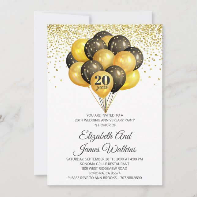 Invitation Elégant 20ème anniversaire Mariage Or et noir I (Devant)