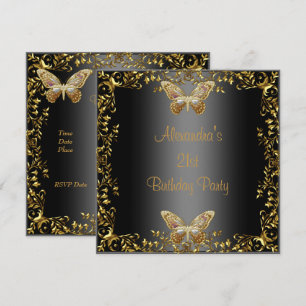 Invitation Elégant 21e anniversaire Black Gold Butterfly
