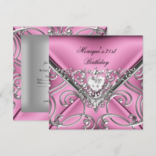 Invitation Élégant 21e anniversaire de fête rose Diamant d'ar (Devant / Derrière)