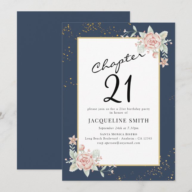 Invitation Élégant 21e anniversaire de florale (Devant / Derrière)