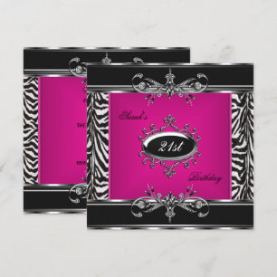 Invitation Elégant 21e anniversaire rose Zebra Black Silver