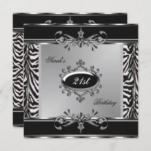 Invitation Elégant 21e anniversaire Zebra Black White Silver