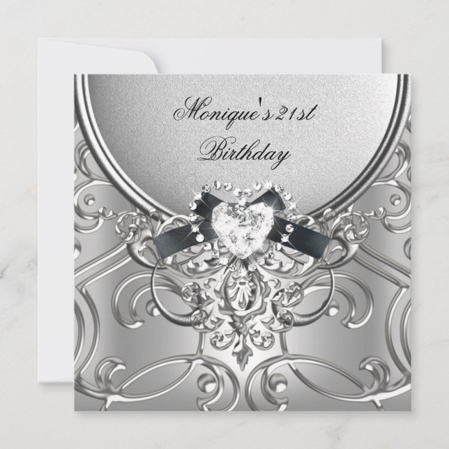 Invitation Élégant 21ème anniversaire de fête Argent Black Di (Devant)