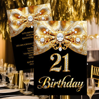 Invitation Elegant 21st Birthday Black Gold Butterfly Bow