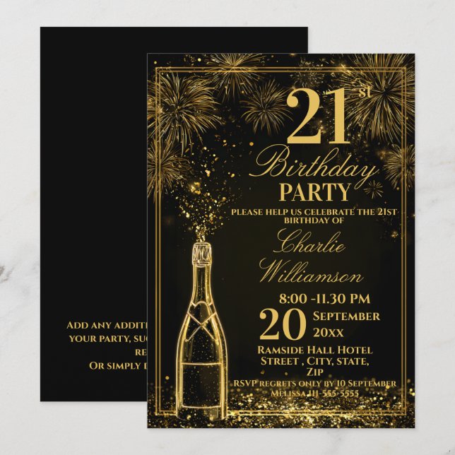 Invitation Elegant 21st Birthday Gold Bottle Fizz (Devant / Derrière)