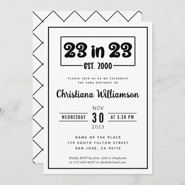 Invitation Élégant 23e cadeau d'anniversaire 23 en 23 Est 200 (Devant / Derrière)