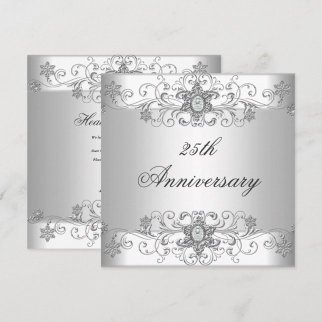 Invitation Élégant 25e Anniversaire Argent Diamant Blanc (Devant / Derrière)