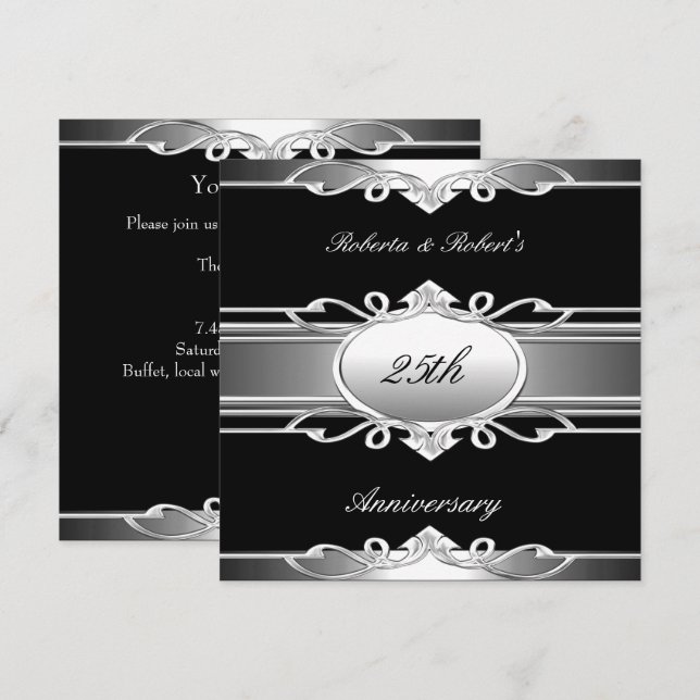 Invitation Élégant 25e anniversaire Black Silver (Devant / Derrière)