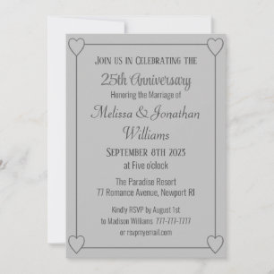 Invitation Élégant 25e anniversaire Coeurs romantiques Argent