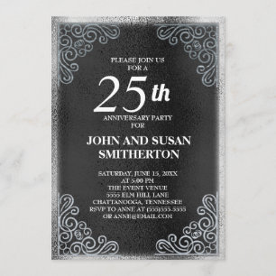 Invitation Élégant 25e anniversaire de Mariage en argent noir