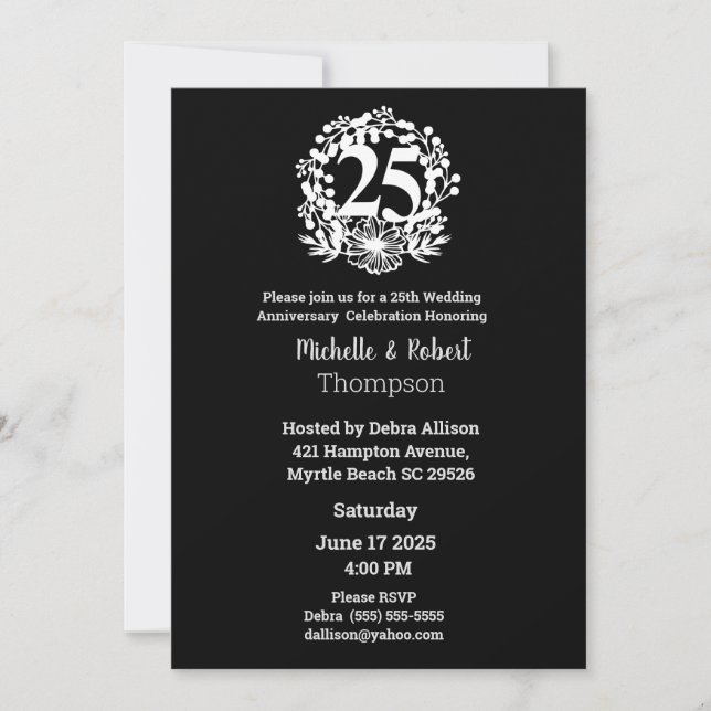 Invitation Élégant 25e anniversaire de mariage noir blanc  (Devant)