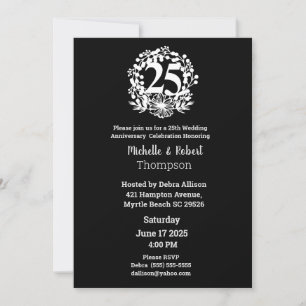 Invitation Élégant 25e anniversaire de mariage noir blanc