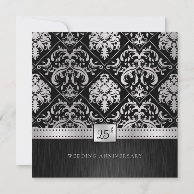 Invitation Élégant 25e anniversaire de Mariage noir et argent (Devant)