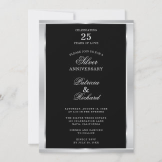 Invitation Élégant 25e anniversaire de mariage noir et argent