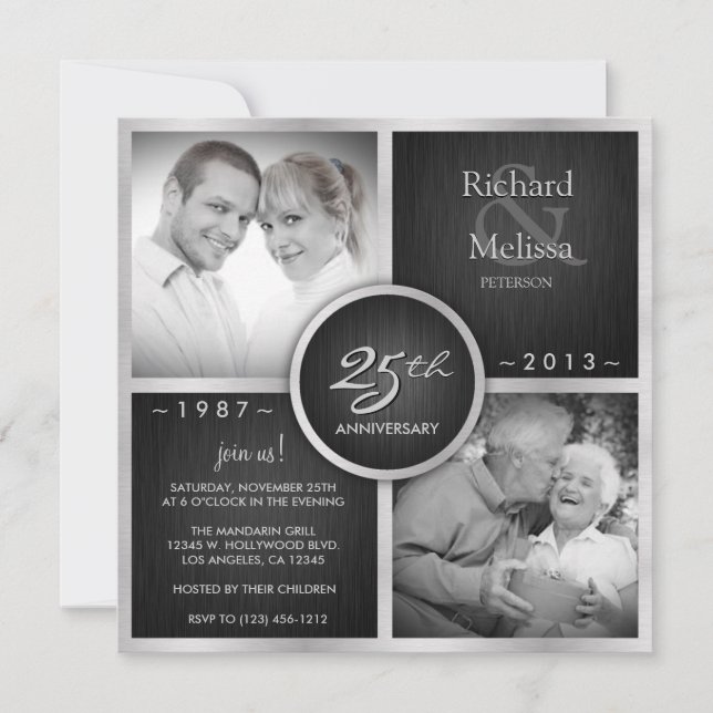 Invitation Élégant 25e anniversaire de Mariage noir et argent (Devant)