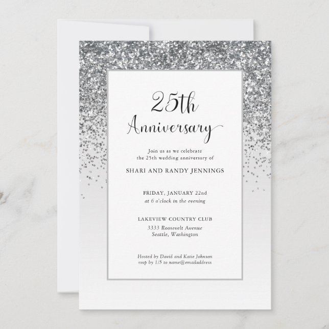 Invitation Élégant 25e Anniversaire de Mariage Paillettes Arg (Devant)