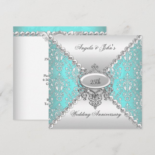 Invitation Élégant 25e anniversaire de Mariage Turquoise Bleu (Devant / Derrière)