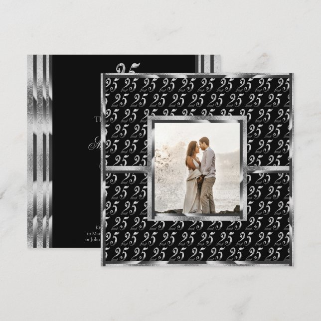 Invitation Élégant 25e anniversaire Mariage Noir et argent (Devant / Derrière)