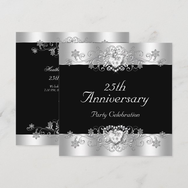 Invitation Elégant 25e Anniversaire Noir Argent Blanc (Devant / Derrière)