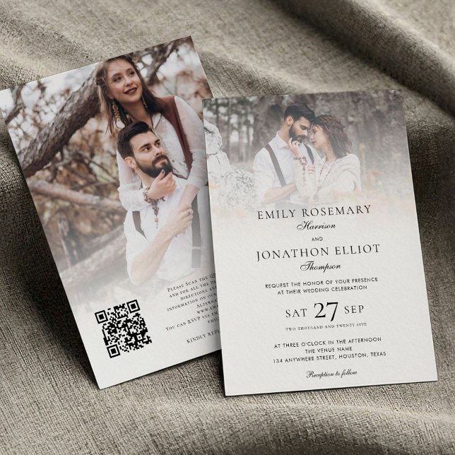 Invitation Élégant 2 photos superposer le code QR Mariage off (front and back view)