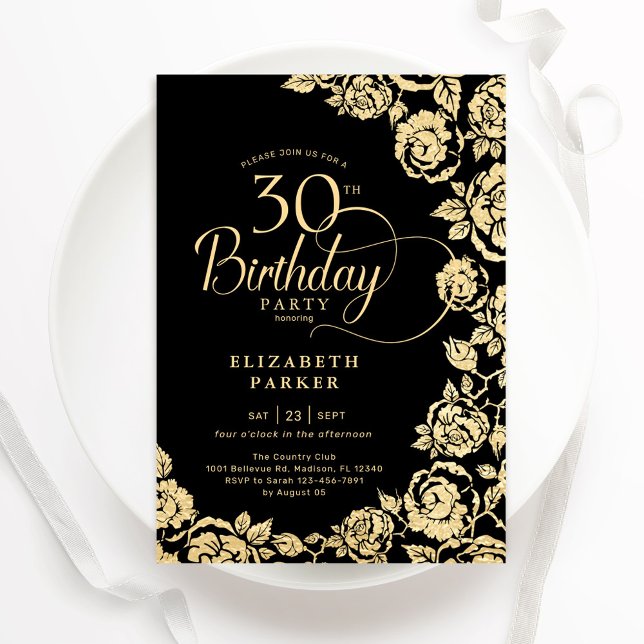 Invitation Élégant 30e anniversaire Black Gold Roses (Créateur téléchargé)