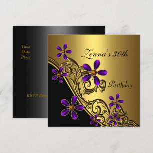 Invitation Elégant 30e anniversaire Black violet or Floral