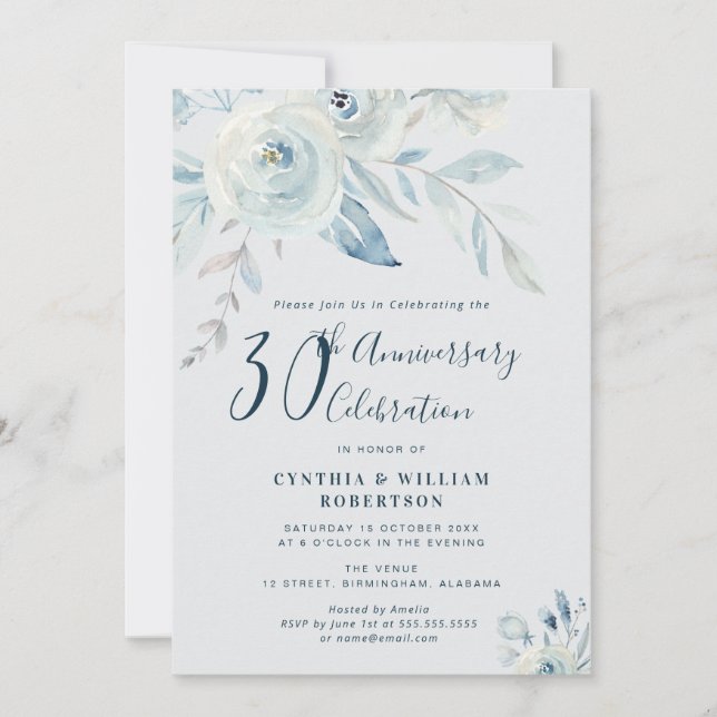 Invitation Elégant 30e anniversaire de mariage à fleurs bleue (Devant)