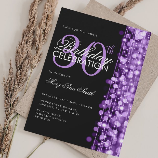 Invitation Élégant 30ème anniversaire Glam étincelles violet (Elegant 30th Birthday Glam Sparkles Purple Invitation)