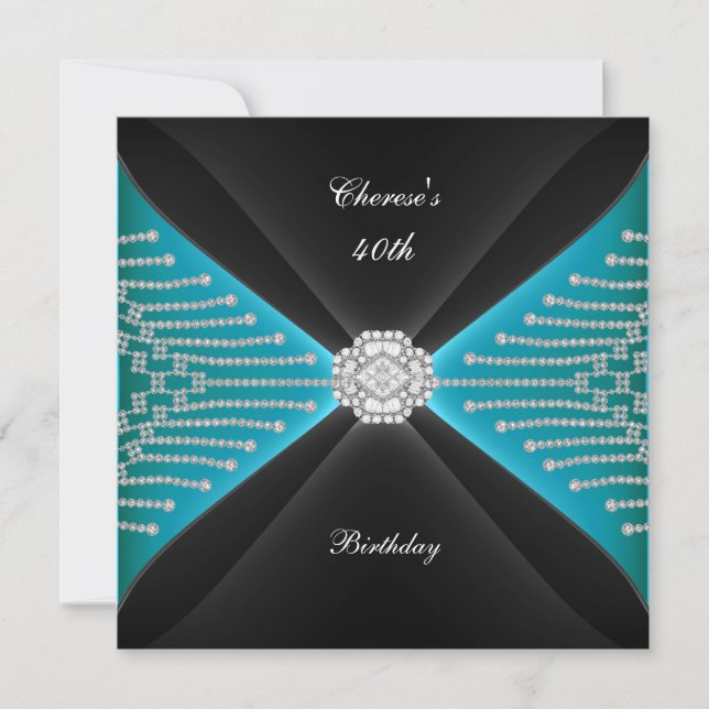 Invitation Elégant 40e anniversaire Black Turquoise Diamant b (Devant)
