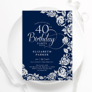 Invitation Elégant 40e anniversaire Marine Roses d'argent