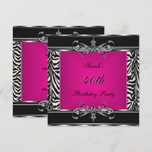 Invitation Élégant 40e Anniversaire Rose Zèbre Noir Argent