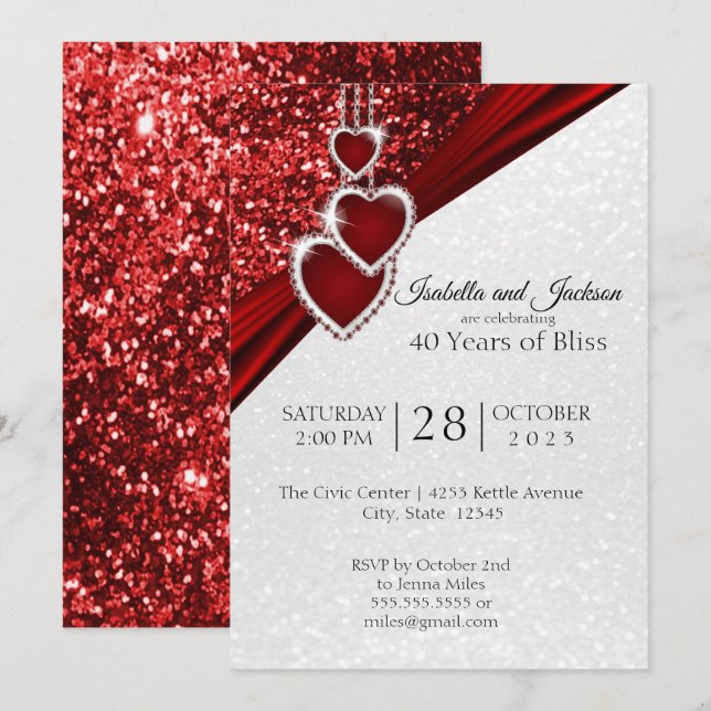 Invitation Elégant 40ème Ruby Red Parties scintillant Anniver (Devant / Derrière)