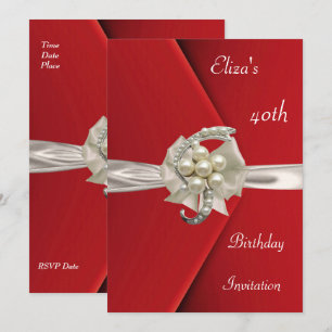 Invitation Elegant 40th Red Velvet Pearl Jewel Bow