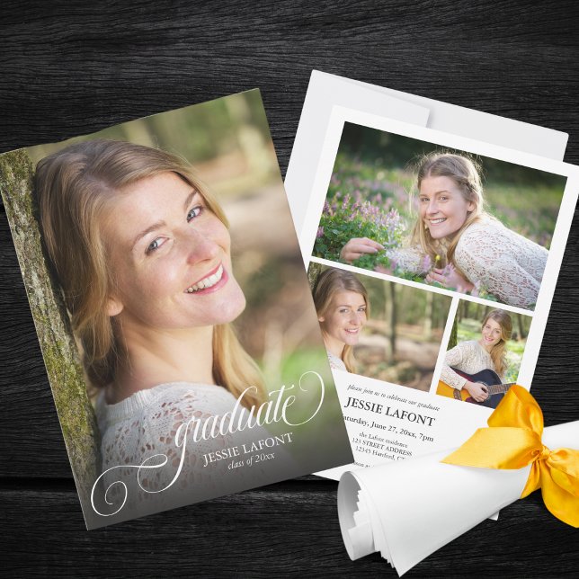 Invitation Elégant 4 Calligraphie photo Graduation (elegant custom 4 photo graduation party invitation with script calligraphy for new graduates)