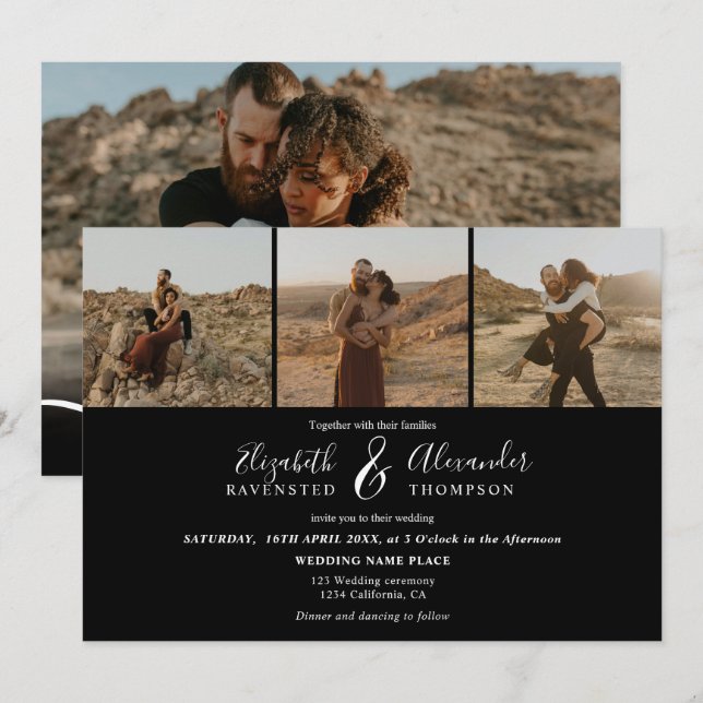 Invitation Elégant 4 Photos script moderne mariage blanc noir (Devant / Derrière)
