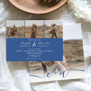 Invitation Elégant 4 Photos script moderne mariage bleu blanc