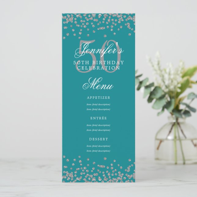 Invitation Elégant 50 Menu Anniversaire Silver Turquoise Conf (Debout devant)
