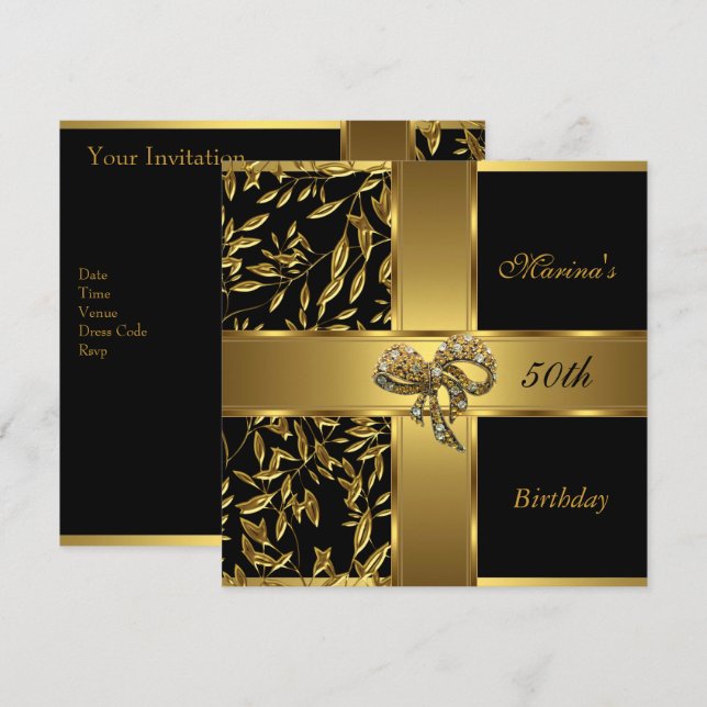 Invitation Elégant 50e anniversaire Black Gold Floral Bow 2 (Devant / Derrière)