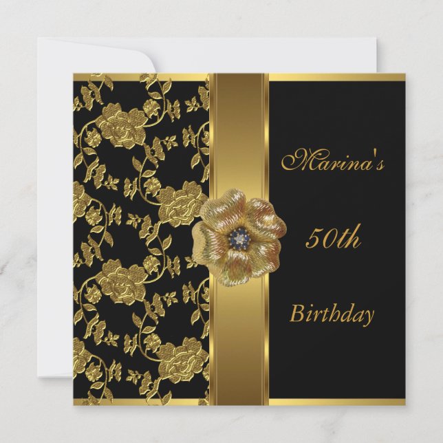 Invitation Élégant 50e anniversaire Black Gold Floral Brocade (Devant)
