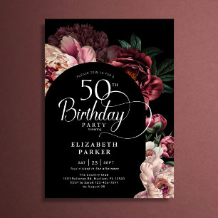 Invitation Élégant 50e anniversaire burgundy roses peonies
