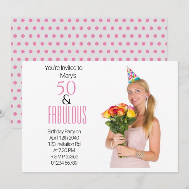 Invitation Elégant 50e anniversaire de fête Dots roses Thème  (Devant / Derrière)
