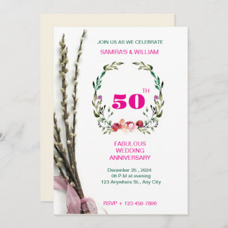 Invitation Élégant 50e anniversaire de fleurs vertes et roses