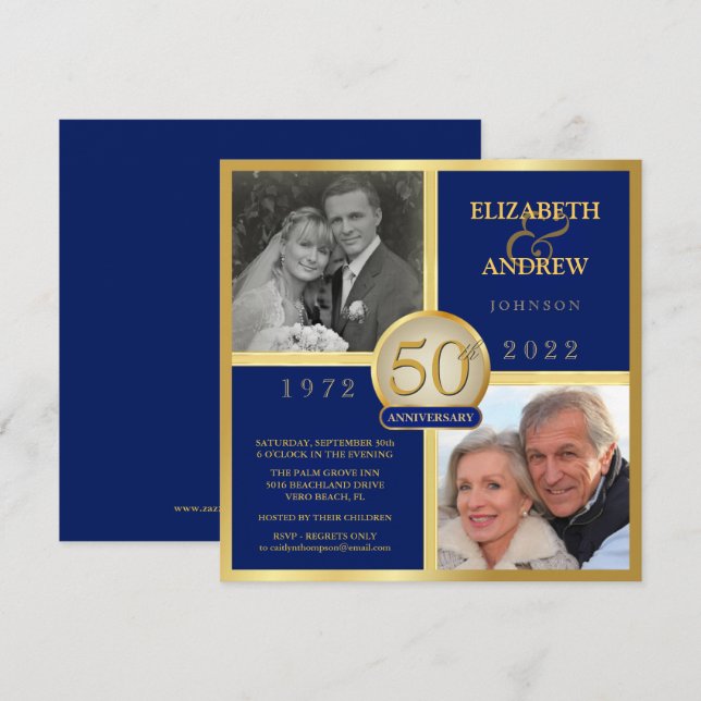 Invitation Élégant 50e Anniversaire de Mariage Bleu Nuit  (Devant / Derrière)