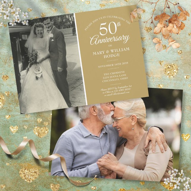 Invitation Élégant 50e Anniversaire de Mariage Doré 2 Photo (Elegant 50th Golden Wedding Anniversary 2 Photo Invitation)