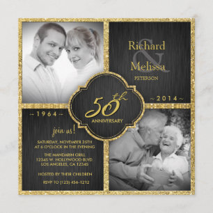 Invitation Élégant 50e anniversaire de Mariage noir et or