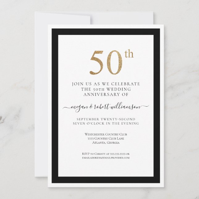Invitation Élégant 50e anniversaire de Mariage noir et or (Devant)