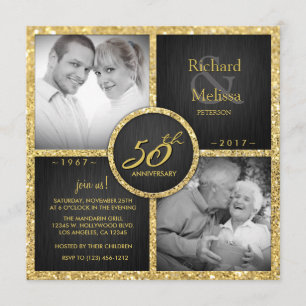 Invitation Élégant 50e anniversaire de Mariage noir et or