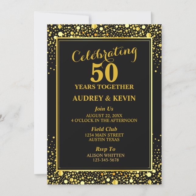 Invitation Élégant 50e anniversaire de Mariage noir et or (Devant)