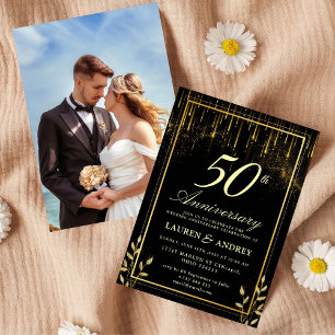 Invitation Élégant 50e anniversaire de mariage noir et or